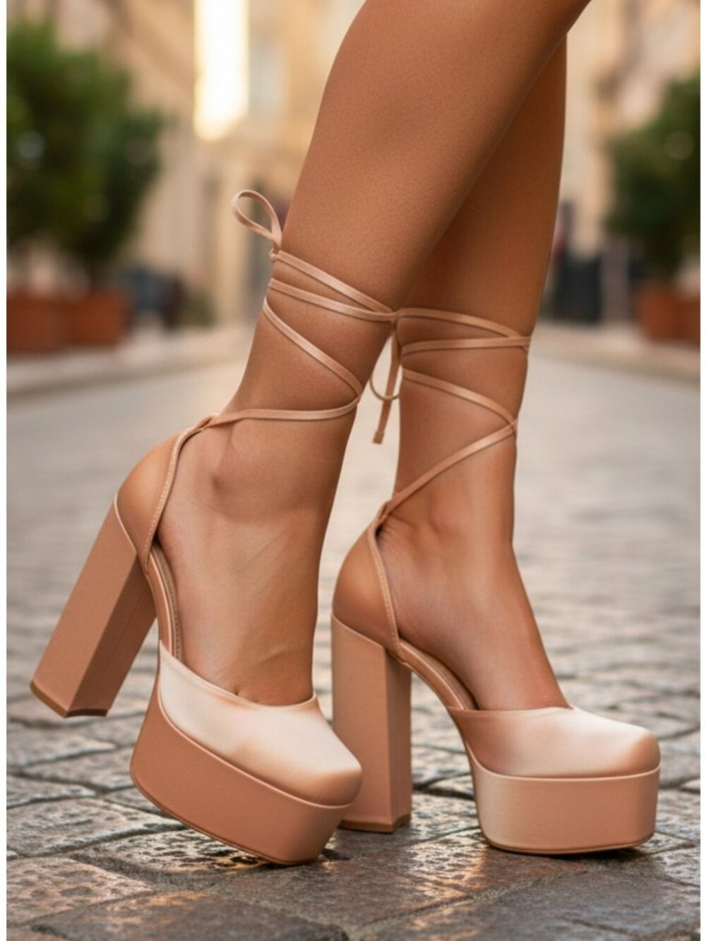 Satin Block Heel Platform Pumps With Wrap-Around Ankle Strap Champagne Color